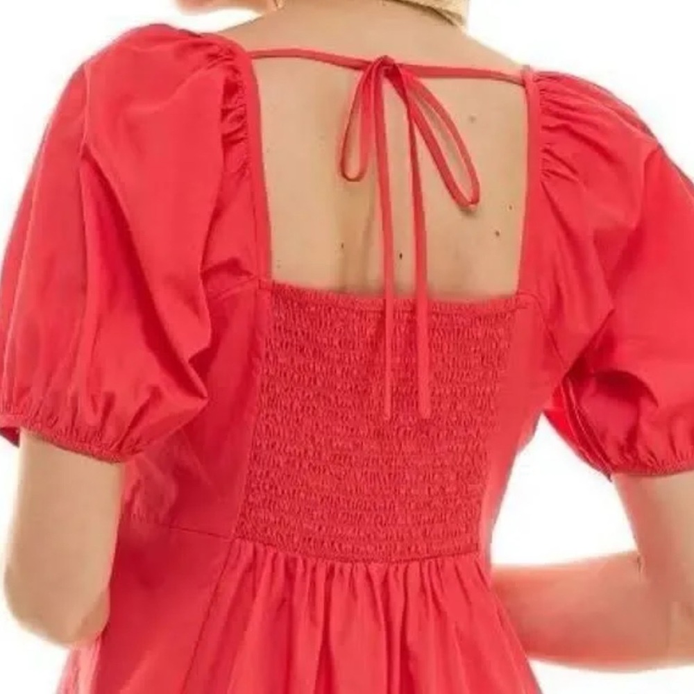 Babydoll Mini Dress Squared Neckline Vibrant Red Puff Sleeve Women’s Size L  NWT